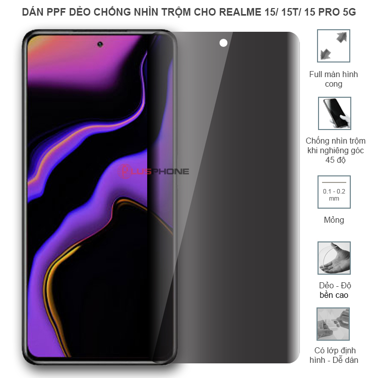 Dán PPF dẻo chống nhìn trộm trong HD hoặc nhám AG cho Realme 15 5G/ 15T 5G/ 15 Pro 5G