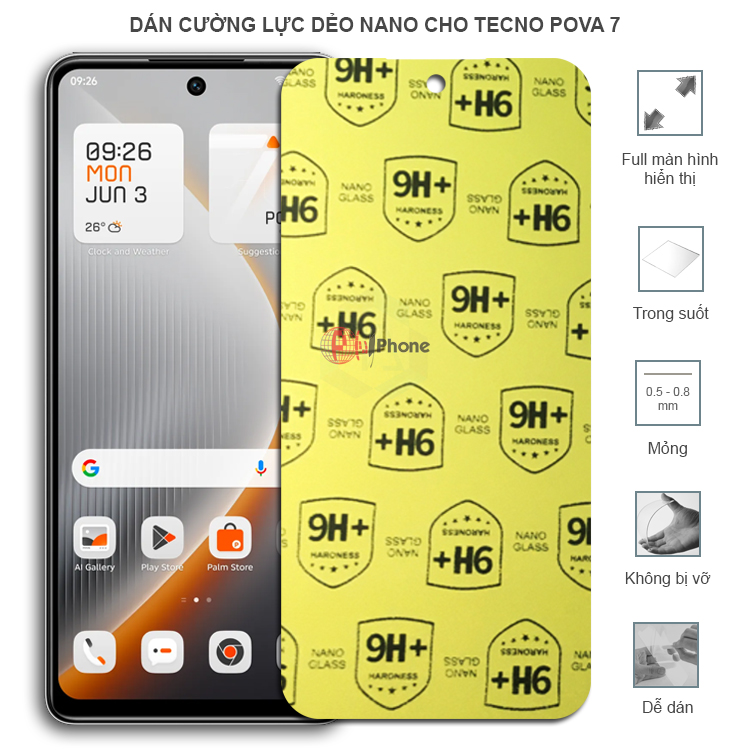 Dán cường lực dẻo trong hoặc nhám cho Tecno Pova 7