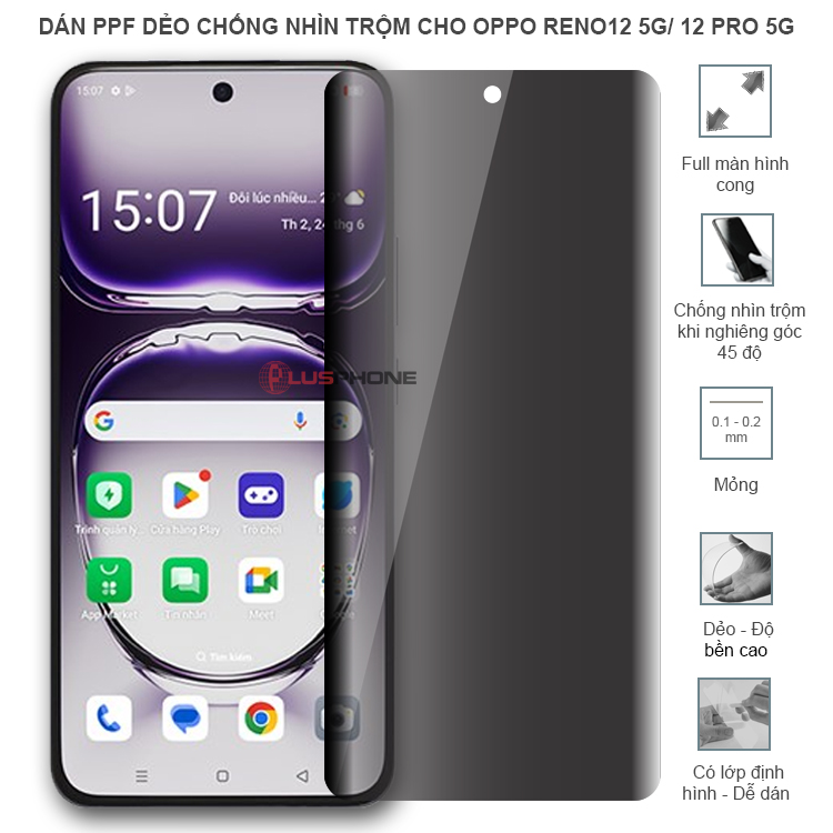 Dán PPF dẻo chống nhìn trộm trong HD hoặc nhám AG cho Oppo reno12 5G/ Reno 12 Pro 5G