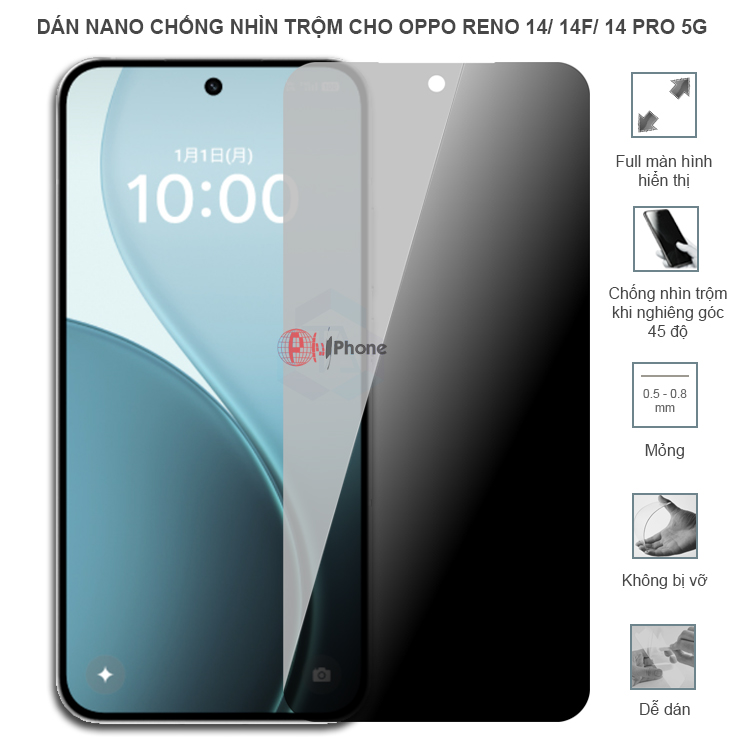 Dán cường lực dẻo chống nhìn trộm trong HD hoặc nhám AG cho Oppo Reno14 5G/ Reno14 F 5G/ Reno 14 Pro 5G