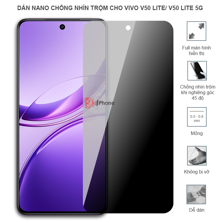 Dán cường lực dẻo chống nhìn trộm trong HD hoặc nhám AG cho Vivo V50 Lite/ V50 Lite 5G