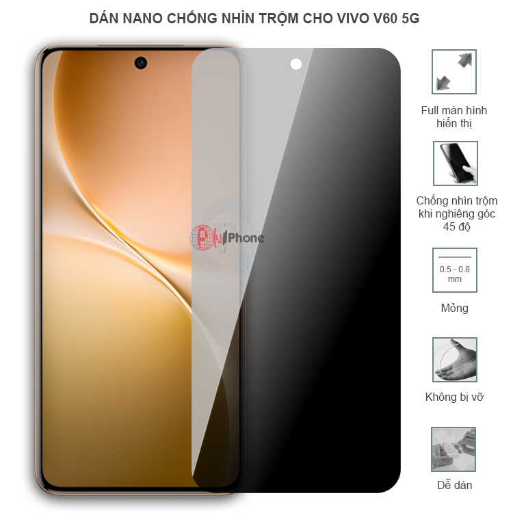 Dán cường lực dẻo chống nhìn trộm trong HD hoặc nhám AG cho Vivo V60 5G