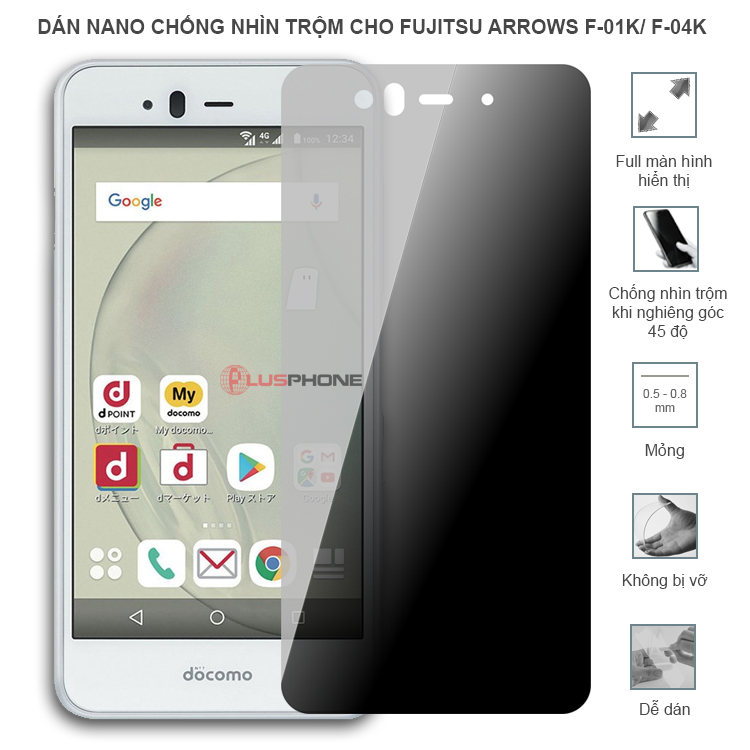 Dán cường lực dẻo chống nhìn trộm độ trong suốt cao cho Fujitsu Arrows F-01k/ F-04k