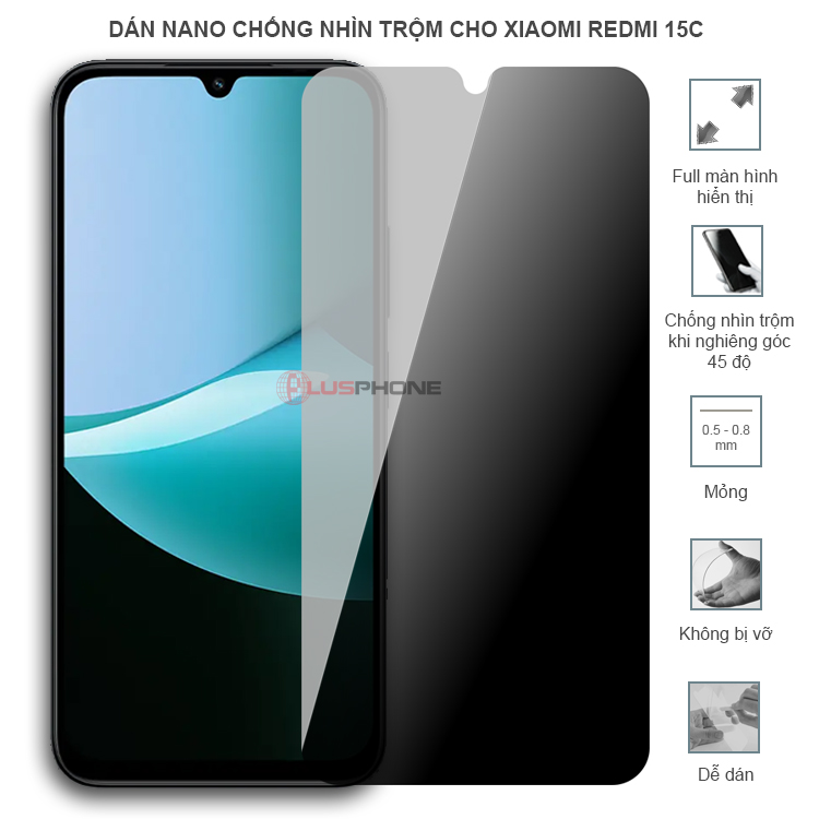 Dán cường lực dẻo chống nhìn trộm độ trong suốt cao cho Xiaomi Redmi 15c