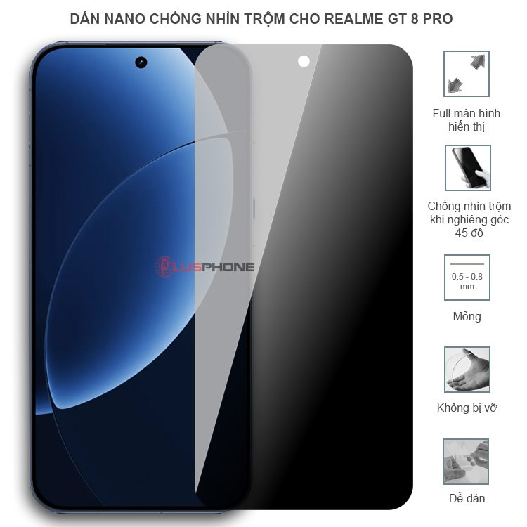 Dán cường lực dẻo chống nhìn trộm độ trong suốt cao cho Realme GT 8 Pro
