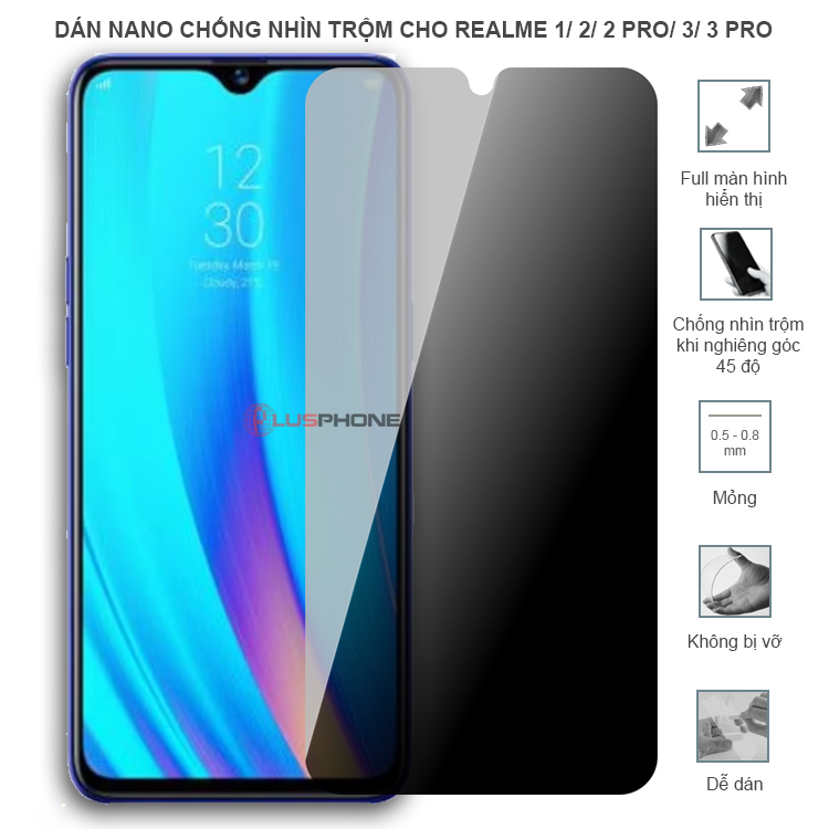 Dán cường lực dẻo chống nhìn trộm trong HD hoặc nhám AG cho Realme 1/ 2/ 2 Pro/ 3/ 3 Pro