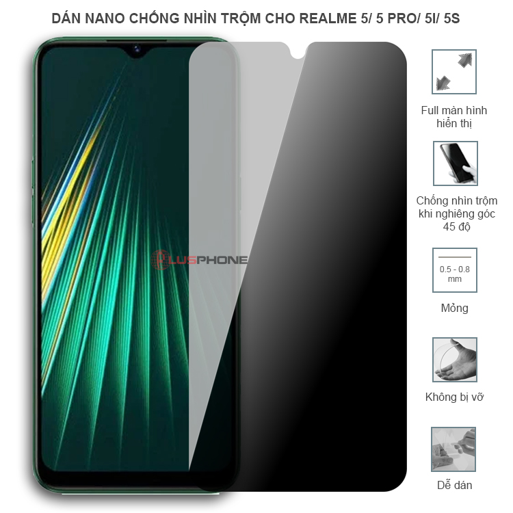 Dán cường lực dẻo chống nhìn trộm trong HD hoặc nhám AG cho Realme 5/ 5 Pro/ 5i/ 5s