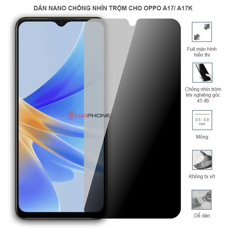 Dán cường lực dẻo chống nhìn trộm trong HD hoặc nhám AG cho Oppo A17/ A17k