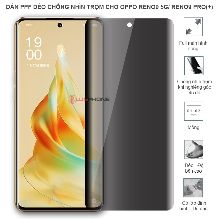 Dán PPF dẻo chống nhìn trộm trong HD hoặc nhám AG cho Oppo reno9 5G/ reno 9 Pro/ Reno9 Pro+