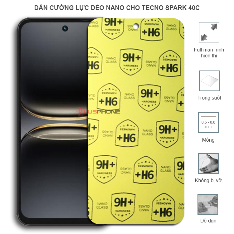 Dán cường lực dẻo trong hoặc nhám cho Tecno Spark 40c